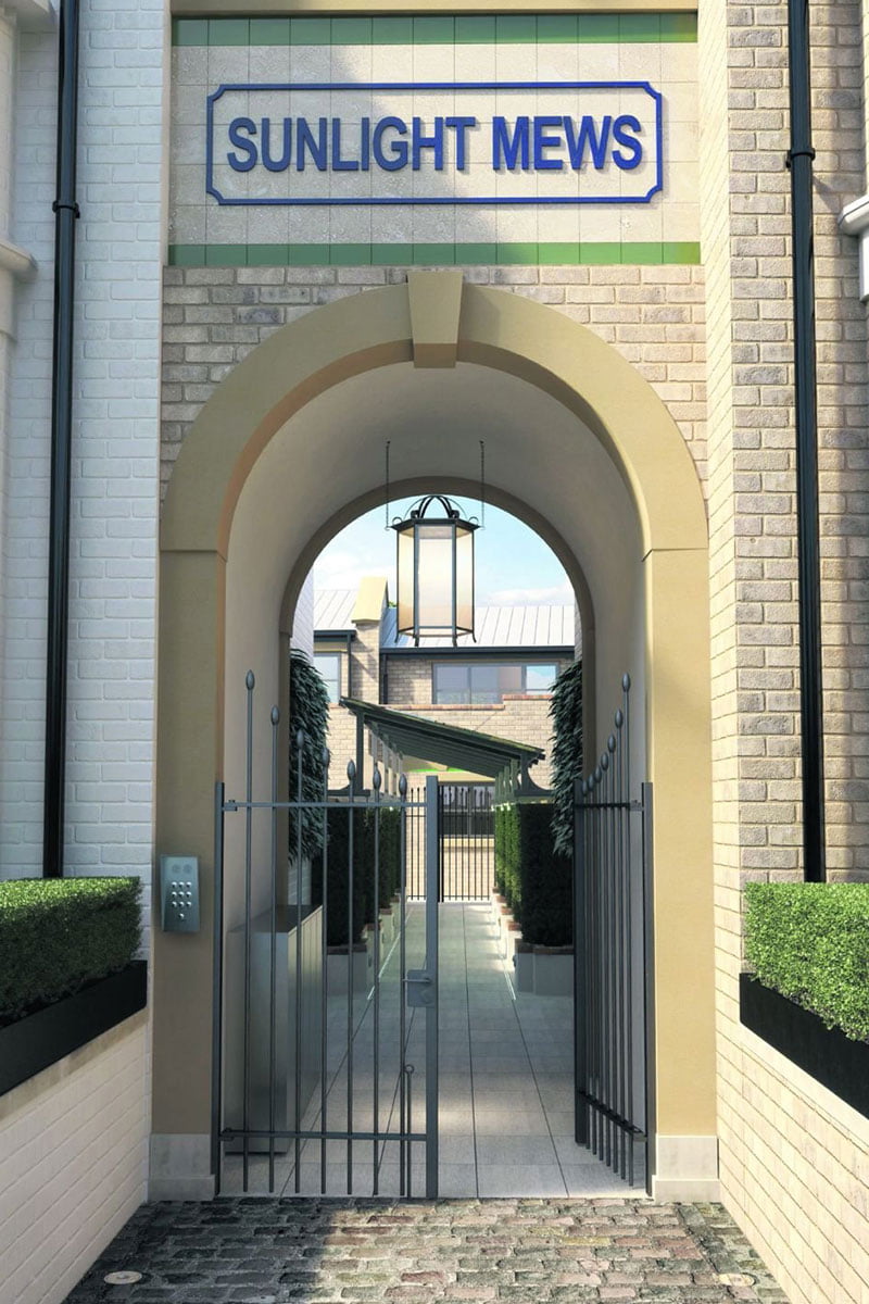 Sign on entrance into Sunlight Mews Fulham townhouse refurbishment for Verve Properties, interior design by Element Studios