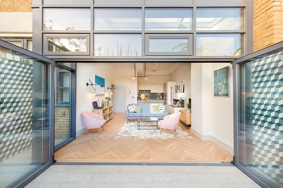 Fulham living dining room interior with hexagon outdoor wall tiles and herringbone oiled wood floor for Verve Properties