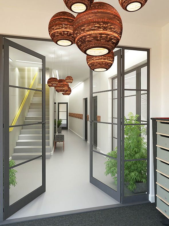Old Market Building Brentford entrance with bespoke retro post-boxes and Graypants Scraplight recycled cardboard pendants
