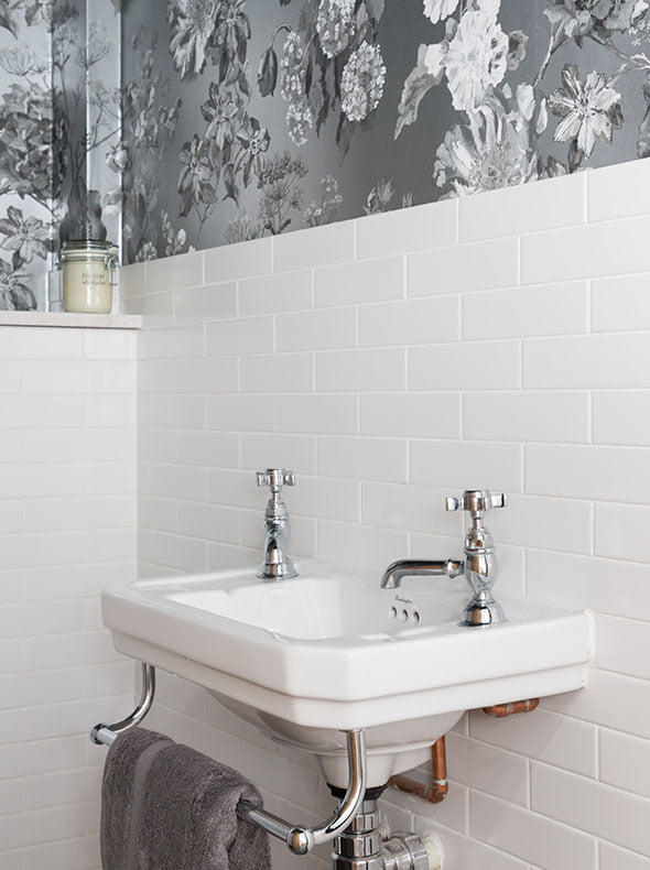 Oxford refurbishment showing internal cloakroom with Designers Guild Alexandria wallpaper and white brick bond metro tiles
