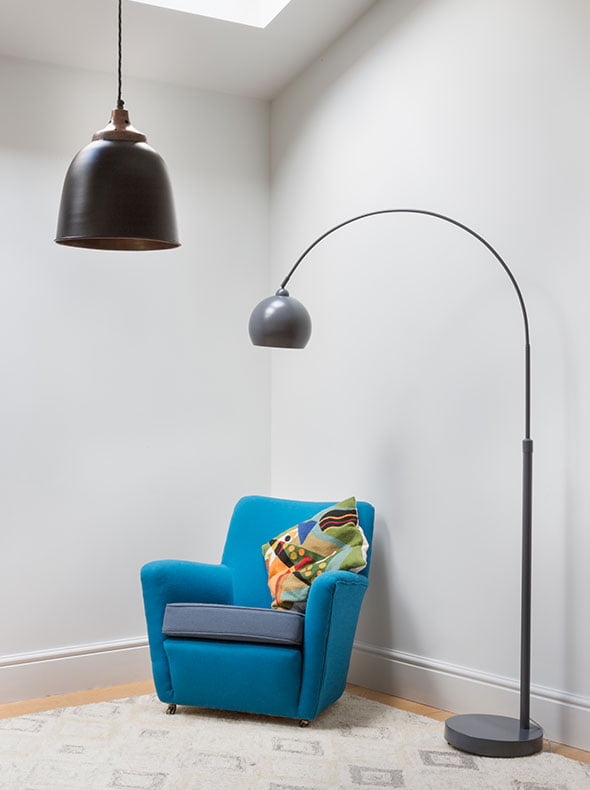 reupholstered preowned chair in Refurbished Oxford home with pendant from Rockett St George and Heals mini lounge floor lamp