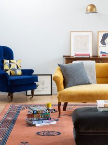 Oxford interior designers living room showing preowned vintage chairs reupholstered by Galapagos Design in coloured velvets