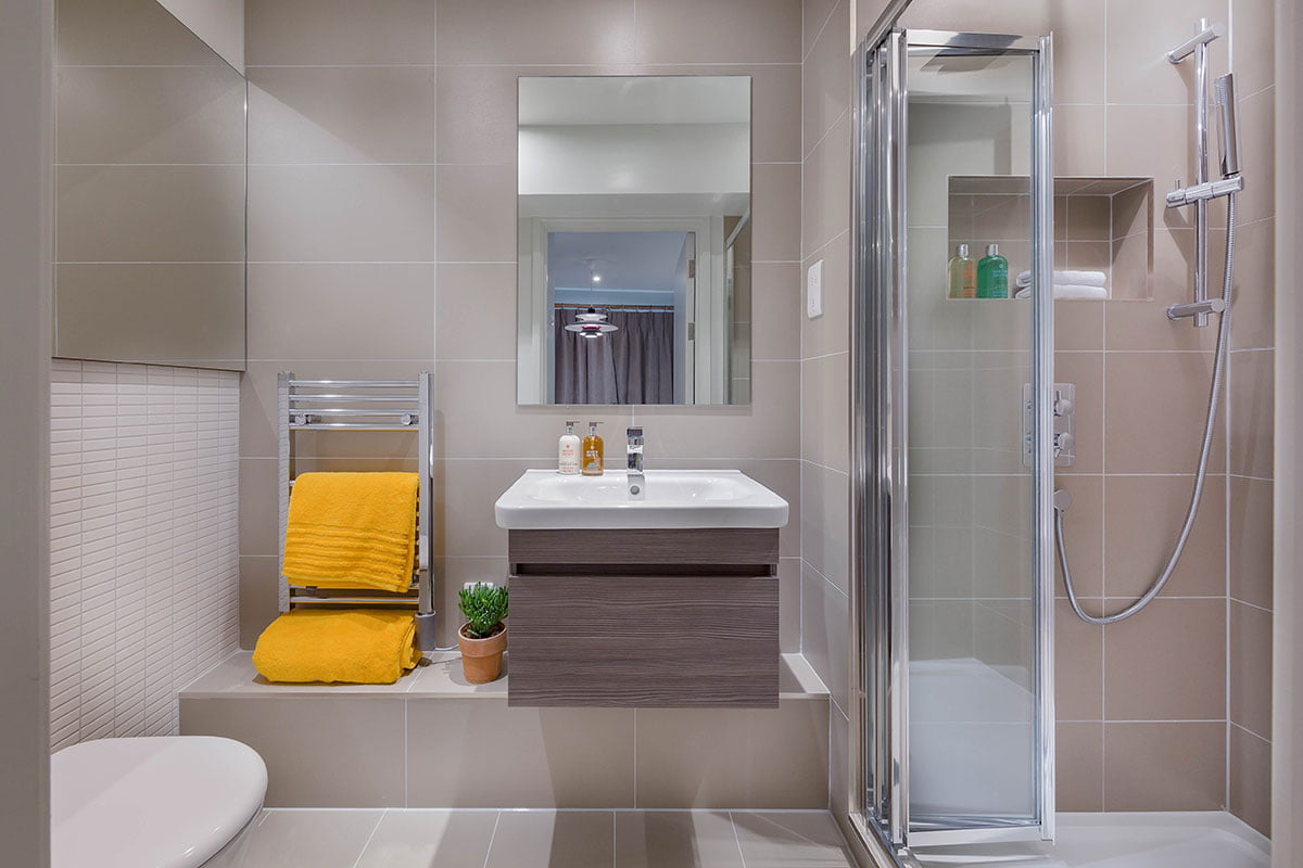 Old Market Building Brentford en-suite with accent Gresco white wall Mattone tiles and silver oak veneer vanity unit