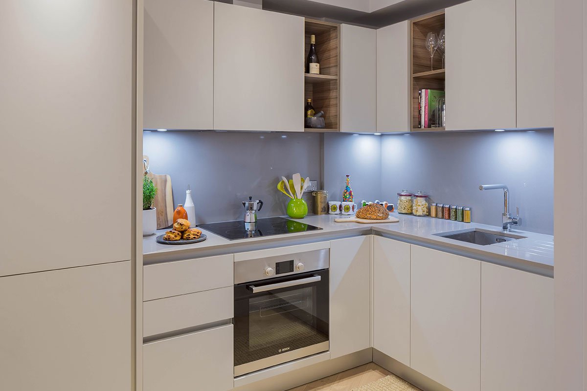 Flat conversion Brentford contemporary German kitchen by Kochwerk light grey stone worktop