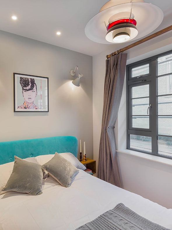 contemporary bedroom re-design with Belize velvet blue bed from Loaf and Louis Poulsen PH5 pendant from Finnish Design Shop