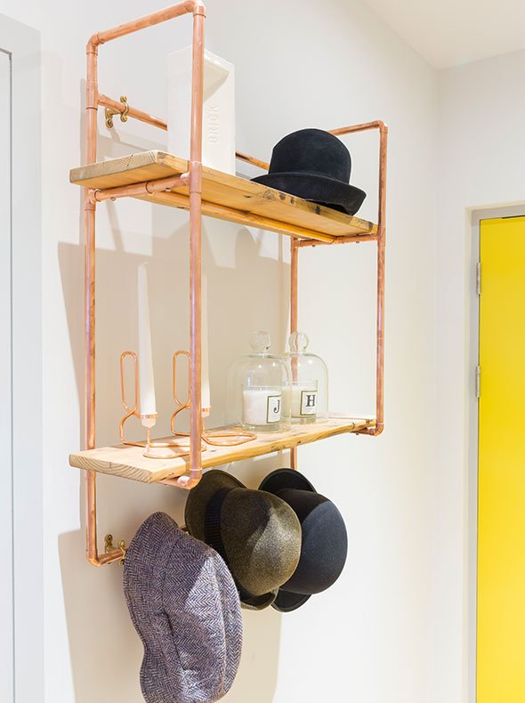 Fulham hallway interior with bespoke copper wall hung coat stand by Steel Roots Design and accessories from Twentytwentyone