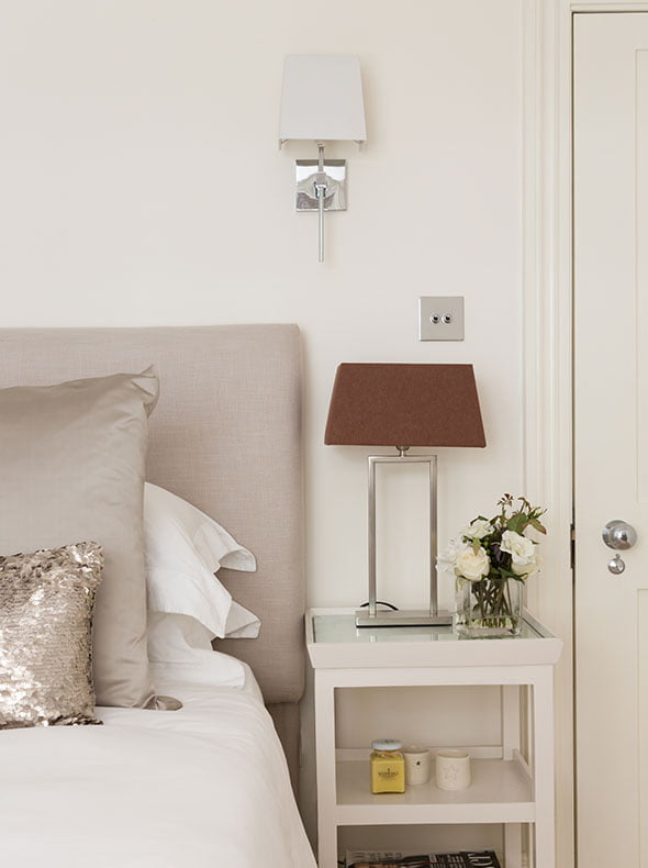 Listed building renovation bedroom close-up with silver table lamp and white bedding interior architecture by Element Studios