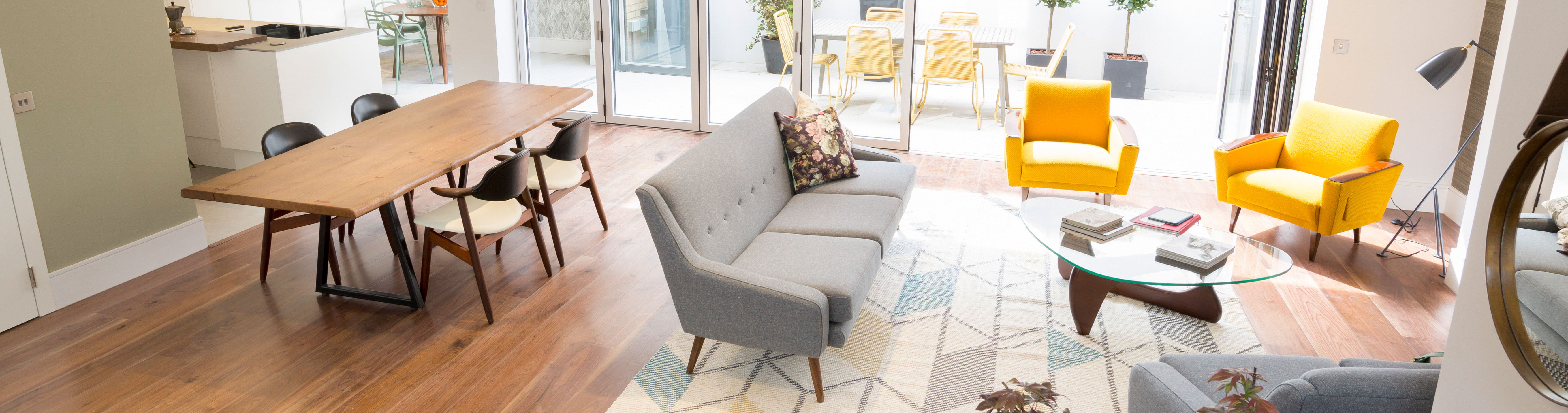 Eclectic interior design of Fulham townhouse for Verve Properties by Element Studios, open plan living room dining room